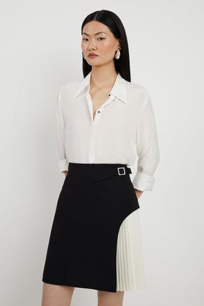 Karen Millen Womens Tailored Buckle Detail Pleated Mini Skirt - Monochrome Multi - Size 12 UK