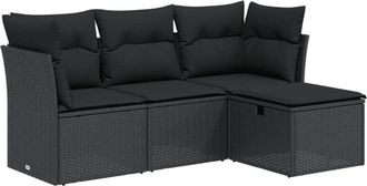vidaXL Juego De Sof&aacute;s Jard&iacute;n 4 Pzas Con Cojines Rat&aacute;n Sint&eacute;tico Negro Vidaxl