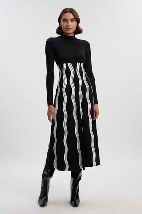 Karen Millen Womens Petite Contrast Wave Knit A-Line Knitted Long Sleeve Dress - Monochrome Multi Polyamide - Size X-Small