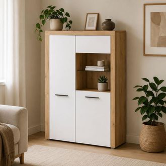 Dmora Vitrina Lohalime, Mueble Expositor 6 Estantes, 2 Puertas, Puerta Y Estantes Con Detalle De Vidrio, Led No Incluidos, 100x42x147h Cm Blanco