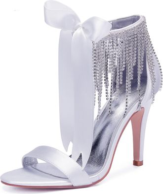 Generic Heels Wedding Bridal Shoes Women Open Toe Stiletto High Heeled Sandals for Prom, Party, Daily 10.5Cm,White,9 UK