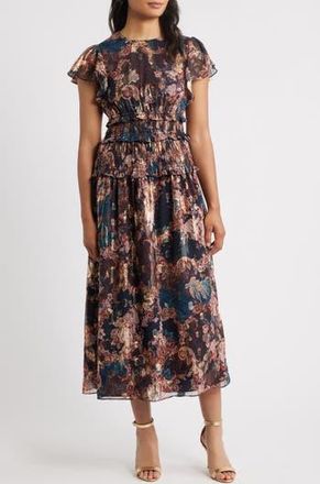 Eliza J Metallic Floral Flutter Sleeve Midi Dress in Navy Multi at Nordstrom Rack, Size 12