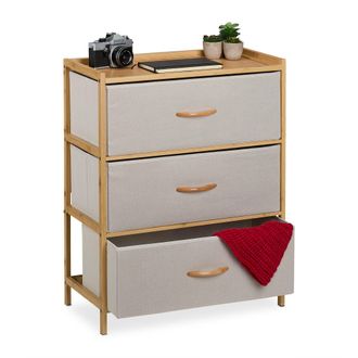 Relaxdays C&oacute;moda De Bamb&uacute;, 3 Cajones De Tela, Cajonera De Sal&oacute;n, Dormitorio, 73 X 57,5 X 30 Cm, Beige Y Natural - Relaxdays