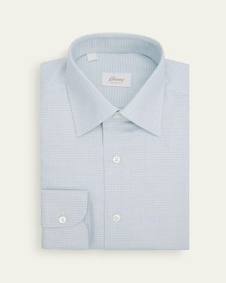 Brioni Mens Cotton Textured-Check Point Collar Dress Shirt