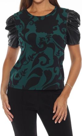 Joseph Ribkoff Absolute Paisley Faux Leather Puff Sleeve Top In Green/black