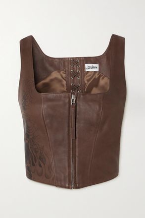 Jean Paul Gaultier Crop Top Bustier In Pelle Stampata Con Lacci - Marrone