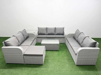 Fimous PE Rattan Lounge Sofa Set 10 Seater Outdoor Garden Furniture Set w/ Rectangular Coffee Table 3 Seater Sofa Big Footstool Side Table Light Grey