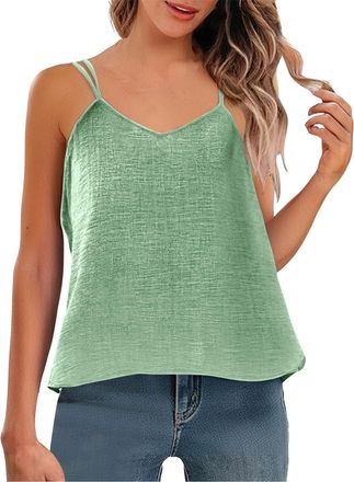 Generic Ladies Fashionable And Sexy Summer Cotton And Linen V Neck Slim Shoulder Strap Vest With Camisole Top Athletic Crop V Neck (Mint Green, XXL)