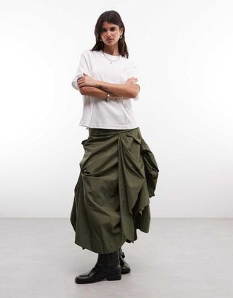 AllSaints Maggie gonna midi in pizzo con volant color kaki-Verde