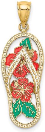 Diamond2Deal 14k Yellow Gold Enamel Red Hibiscus Flower Flip-Flop Charm