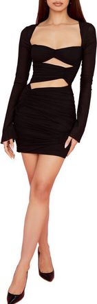 House of CB Camille Long Sleeve Silk Blend Cutout Minidress in Black at Nordstrom, Size Medium
