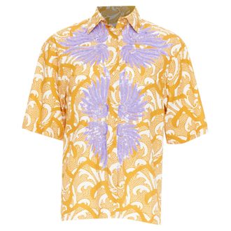 Dries Van Noten yellow lilac sequin embroidered short sleeve bowling shirt S