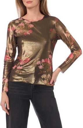 Ted Baker Metallic Floral Long Sleeve Mesh Top in Rich Black/Gold at Nordstrom Rack, Size X-Small