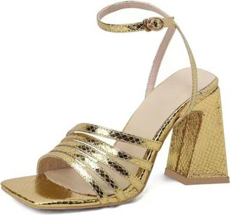 Generic Womens Square Open Toe Wedding Sandals Chunky High Heel Party Prom Pumps Cross Ankle Strap Bridal Shoes with Buckle,Gold,5.5 UK