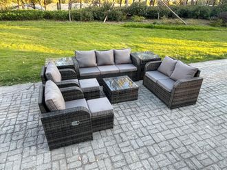 Fimous 9 Seater Garden Furniture Set Rattan Outdoor Lounge Sofa Chair With Tempered Glass Table 2 Small Footstools 2 Side Tables Dark Grey Mixed