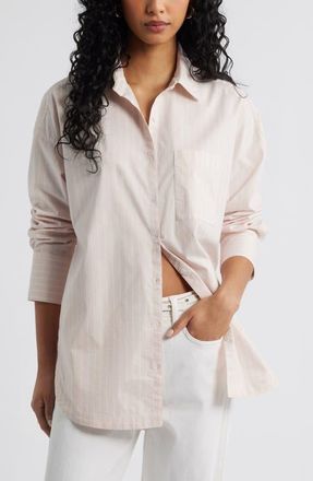 Open Edit Oversize Poplin Button-Up Shirt in Pink- White Fine Pin at Nordstrom, Size Xx-Small