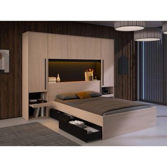 Vente-Unique Letto con vani portaoggetti e LED 140 x 190 cm Naturale e Nero - VELONA