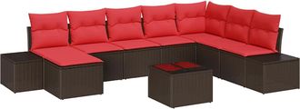 vidaXL Conjunto De Sof&aacute; De Jard&iacute;n 8 Uds. Marr&oacute;n Y Rojo Rat&aacute;n Sint&eacute;tico Vidaxl