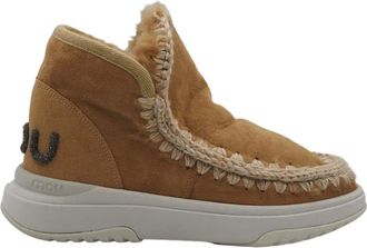 Mou Schoenen, Dames, Bruin, 40 EU, Suède, Beige Sheepskin Jogger Laarzen met Gehaakte Details