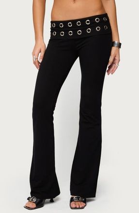Edikted Nairobi Grommet Foldover Low Rise Flare Pants in Black at Nordstrom, Size Medium