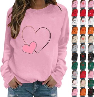 Generic Valentines Day Women Tops Long Sleeve Heart Graphic Shirt Crewneck Casual Shirts Blouse Clothes for Everyday Wear Work Travel Date Outing Holiday Stre