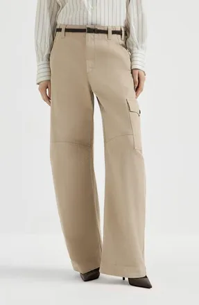 Brunello Cucinelli D&eacute;lav&eacute; cotton canvas cargo barrel trousers with monili in Beige at Nordstrom, Size 44