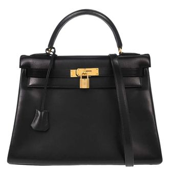 Herm&egrave;s Kelly Black Box Calf With Gold Hardware Black Leather Handbag (Pre-Owned)