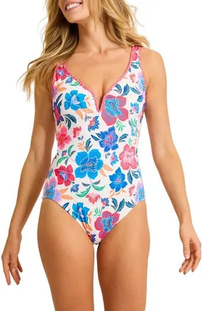 Tommy Bahama Tropi Flora Reversible UPF 50+ One-Piece Swimsuit in White/blue at Nordstrom, Size 14