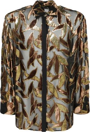 Roberto Cavalli Transparante blouse met bladmotief - Dames - Overhemden - Veelkleurig - L - Rayon - Overhemden