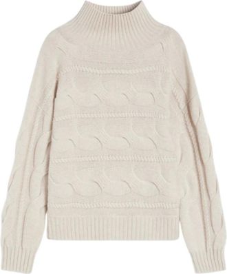 Max Mara Truien & Vesten, Dames, Beige, S, Wol, Trui met hoge hals en horizontale vlechten