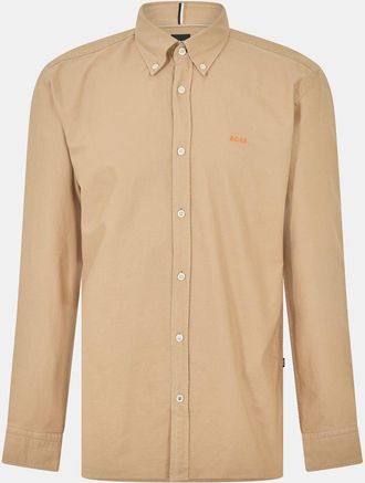 HUGO BOSS Mens Embroidered Collared Neck Button Down Long Sleeve Shirt in Light Beige - Size X-Large