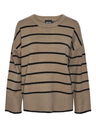 Pieces Womens Pcmathilde Ls O-Neck Knit Noos Bc Jumper, Taupe Grey/Stripes: Black, S