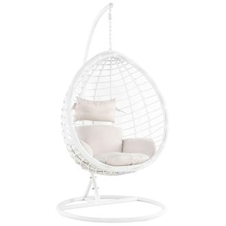 Beliani Beliani - Silla Colgante De Rat&aacute;n Sint&eacute;tico Columpio Blanco Forma De Huevo Mimbre R&uacute;stico Boho Fano