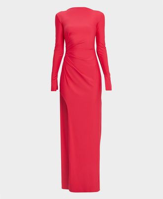 Sally Lapointe Matte Jersey Long-Sleeve Ruched Gown