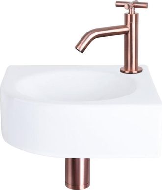 Differnz Cleo fonteinset - 30x30x10cm - Kwartrond - 1 kraangat - Gebogen rose koper kraan - kruisgreep - Keramiek Wit