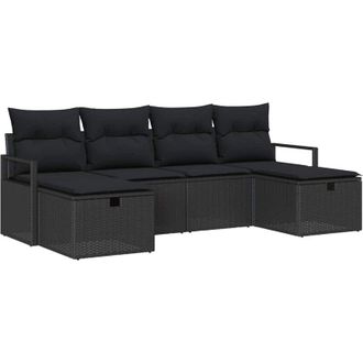 vidaXL Conjunto De Sof&aacute; De Jard&iacute;n Con Coj&iacute;n 6 Pcs Negro Polirat&aacute;n