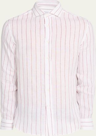 Brunello Cucinelli Mens Linen Pinstripe Spread Collar Button-Down Shirt