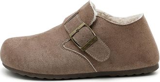 Generic Womens Winter Fuzzy Suede Slippers Cozy Memory Foam Wide Barefoot Slip-On Mules with Adjustable Buckle, Warm House Shoes Potato Shoes for Indoor Outdo