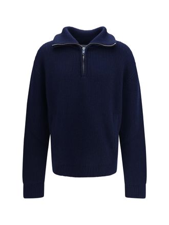 Balenciaga Ribbed Knit Zip Sweater - Navy