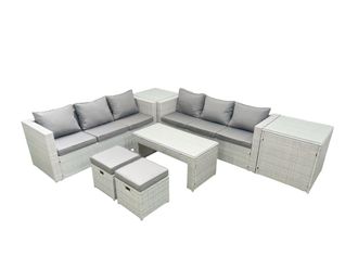 Fimous 8 Seater Garden Outdoor Rattan Furniture Set Rattan Garden Sofa Oblong Coffee Table with 2 Small Footstool 2 Side Tables Light Grey Mixed
