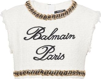 Balmain Signature-embroidered tweed crop top - women - Cotton/Polyamide - 38 - White