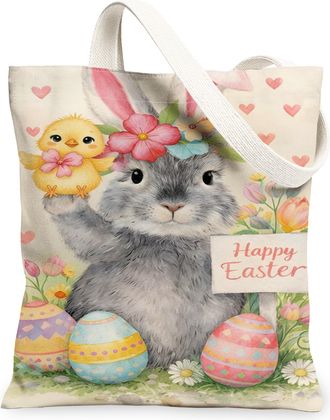 Generic Easter Bunny Canvas Tote Bags, Floral Chick Design Reusable Grocery Bags, Spring Vintage Lightweight Washable Shoulder Stra, Multi-color, 13x15 Inch
