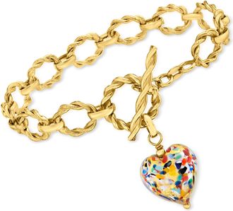 Ross-Simons Italian Multicolored Murano Glass Heart Bracelet in 18kt Gold Over Sterling
