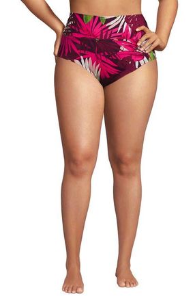 Lands End Chlorine Resistant Pinchless High Waisted Bikini Bottoms in Dark Wine Multi Tropical Palms at Nordstrom, Size 20W