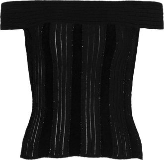 Balmain Off-the-shoulder glitter knit top - Dames - Ronde hals truien - Zwart - 2XS - Polyester - Truien & Vesten