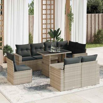 vidaXL Set Muebles Jard&iacute;n 9 Pzas Y Cojines Rat&aacute;n Sint&eacute;tico Gris Claro Vidaxl