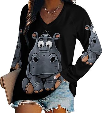 Generic Grey Hippo Womens Long Sleeve Tops Casual V Neck Fall Shirts Loose Fit Blouse Outfits