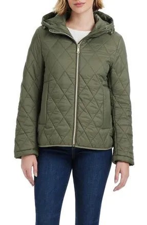 Vince Camuto Water Resistant Hooded Quilted Jacket in Light Olive at Nordstrom Rack, Size X-Large