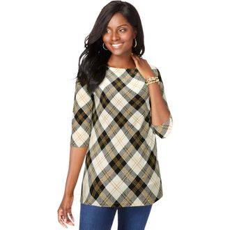 Jessica London Stretch Cotton Boatneck Tunic in Ivory Gold Plaid at Nordstrom, Size 40