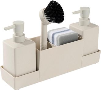 OEM Distributeur De Savon - 2x350 Ml - Organisateur Pour &Eacute;vier Et Salle De Bain - Avec Brosse Et &Eacute;ponges - Beige